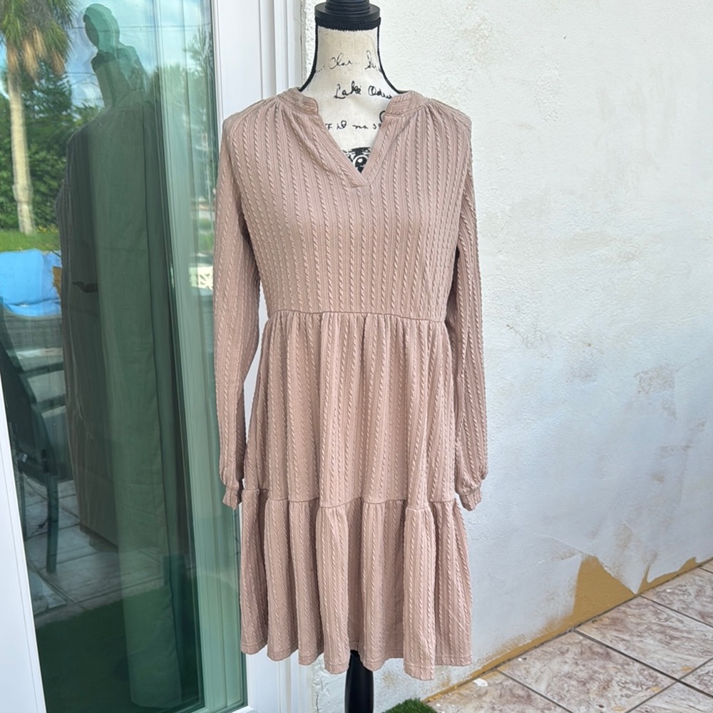 Solarium Elegant Tan knit Long Sleeve Dress